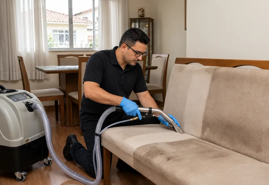 Técnico da Lava Tudo VIP limpando o assento de uma banqueta de balcão