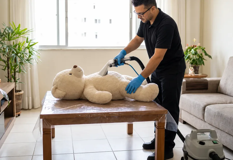Técnico da Lava Tudo VIP higienizando um bichinho de pelúcia grande