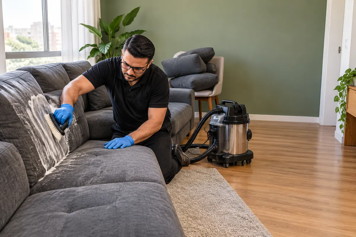 Técnico aplicando espuma de limpeza em sofá de canto cinza na sala de um apartamento