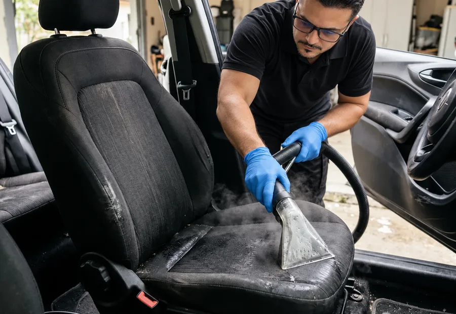 Técnico da Lava Tudo VIP higienizando os bancos do interior de um carro