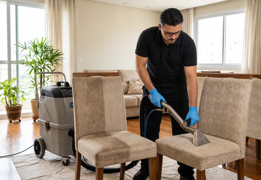 Técnico com extratora higienizando cadeiras de jantar estofadas em sala de apartamento