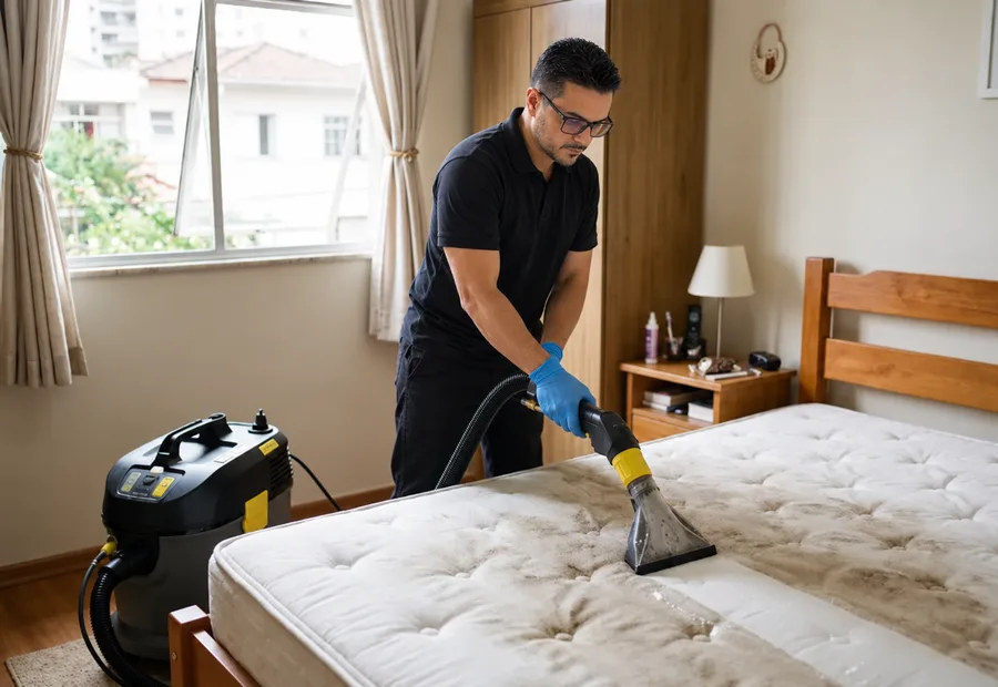 Técnico de luvas azuis passando extratora em colchão de casal no quarto