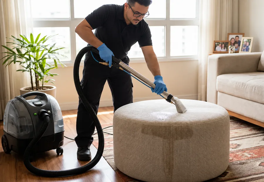 Técnico da Lava Tudo VIP higienizando um puff de tecido na sala