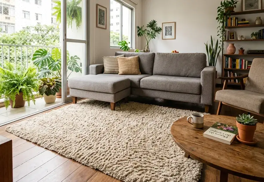 Tapete shaggy bege em sala de apartamento com sofá cinza e plantas